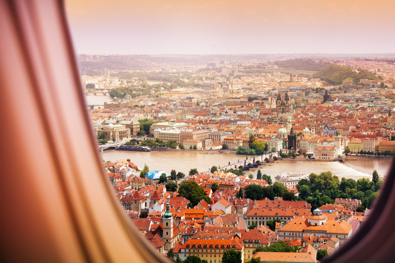 Prague, Czechia downtown panorama view from plane